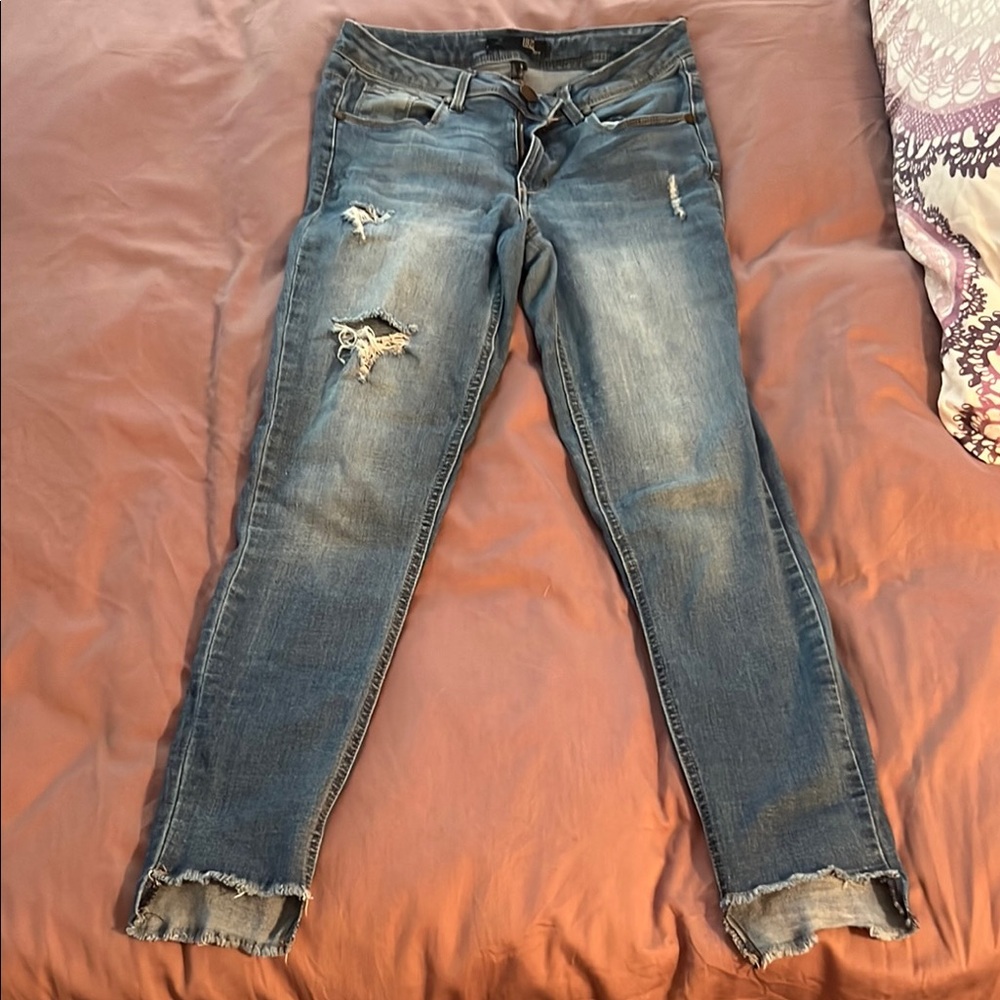 1822 Denim Blue Straight Leg Jeans with Distressed Details